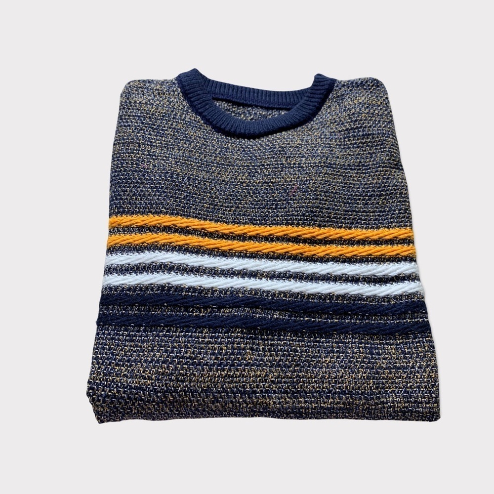 Vintage Navy, Yellow, & White Sweater Varigated Body & Striped Sleeves X-Small